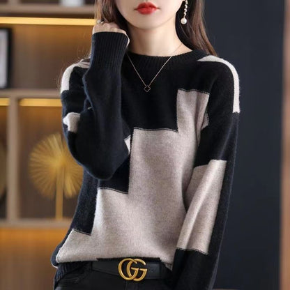 [80-100kg] Large size contrasting color knitted top women's autumn and winter chic warm sweater temperament color matching bottoming shirt