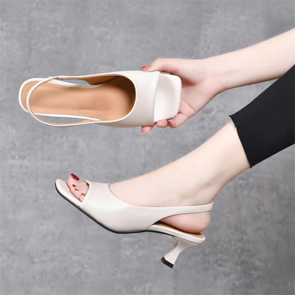 ZllKl  Women's Shoes Soft and Non-Wear Feet  New Elegant Square Toe Korean Style Stiletto Heel Peep-Toe High-Heeled Sandals Women's Hair