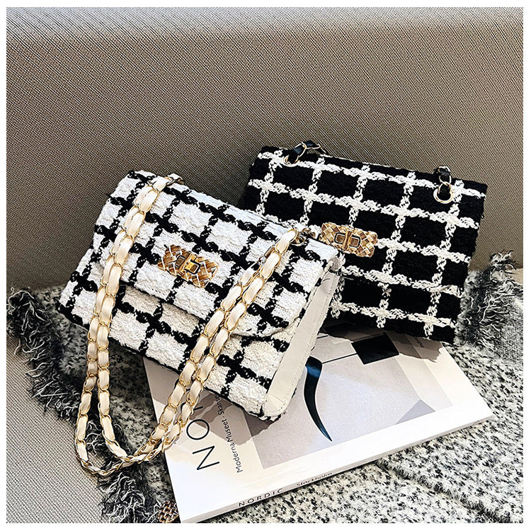 ZllKl  Spring and Autumn New Classic Style Woolen Bag Women's Fashion Trendy Chain Bag Textured Shoulder Crossbody Small Square Bag