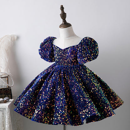 ZllKl  Blue Sequined Children's Dress Girl Princess Dress Birthday Full-Year Baby Girl Catwalk Host Piano Performance Wear