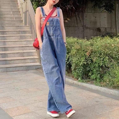 Retro Hong Kong Style Salt Denim Suspender Pants for Women Spring and Summer New Internet Celebrity Fried Street Loose Straight Wide Leg Mop Trousers