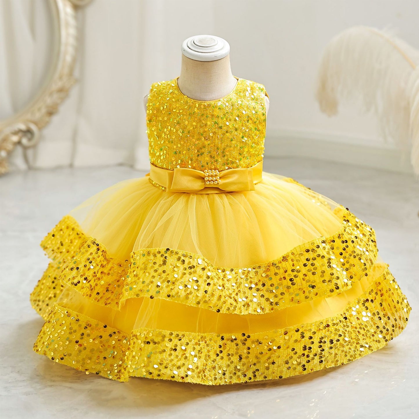 ZllKl  Cross-Border New Arrival Red Children's Dress Sequined Princess Dress Baby Girl Birthday Banquet Skirt Girl Performance Wear