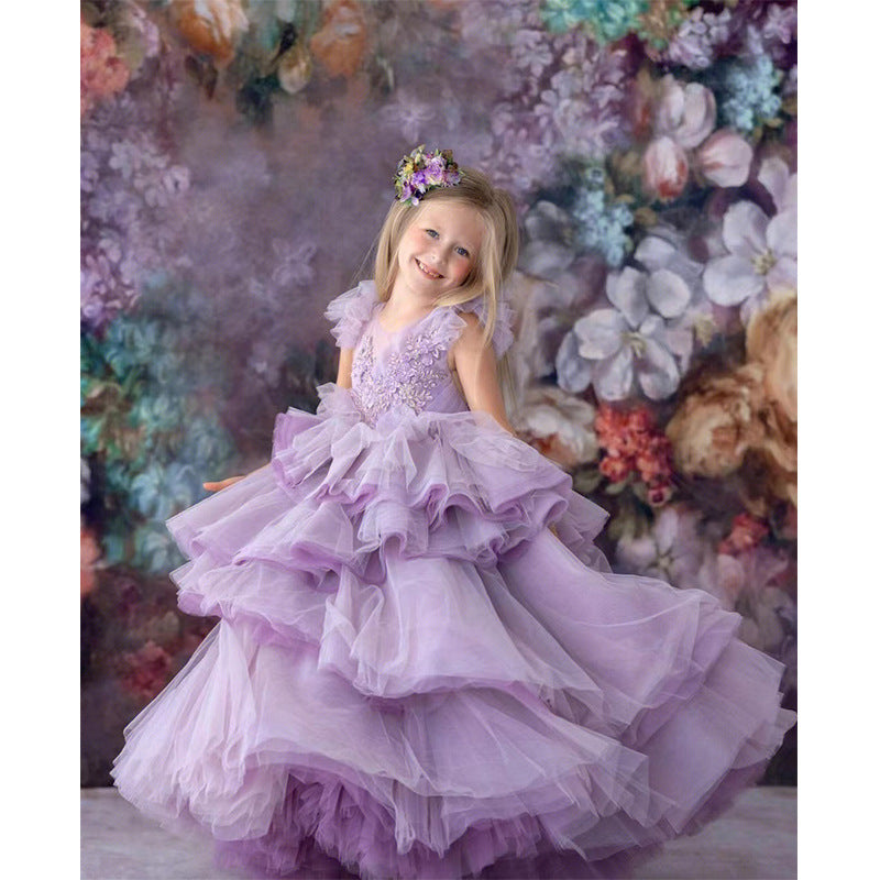 ZllKl  Children's Dress Princess Dress  Spring Girl Purple Costume for Piano Performance Host Temperament Catwalk Evening Dress