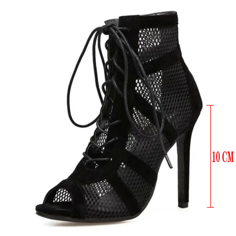 ZllKl  Cross-Border Foreign Trade New Black Mesh Suede Fashion Cross Lace-up European and American plus Size Peep Toe Sexy High Heel Lace-up Women's Shoes