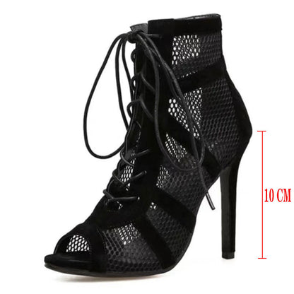 ZllKl  Cross-Border Foreign Trade New Black Mesh Suede Fashion Cross Lace-up European and American plus Size Peep Toe Sexy High Heel Lace-up Women's Shoes