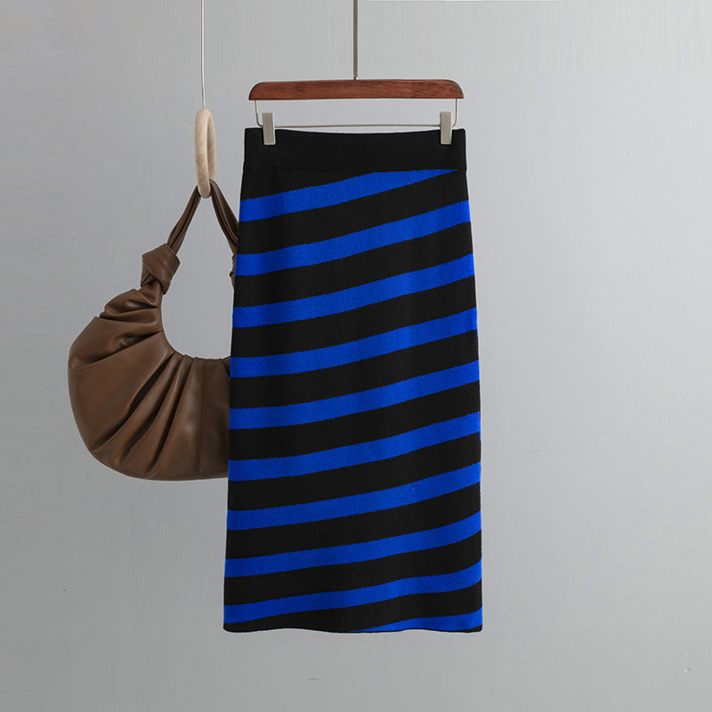 ZllKl New autumn new oblique striped knitted skirt children slim and thin medium one-step skirt hip skirt