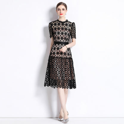 Lightly Mature Design  Style Retro Minority Sexy Hollow out Lace Short Sleeve Dress Women's Summer Wear 2023 New