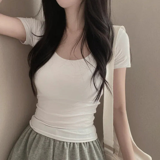 ZLLKL Manufacturer's white basic square neck short-sleeved t-shirt short base thin slim slim top women's summer Korean version pure cotton