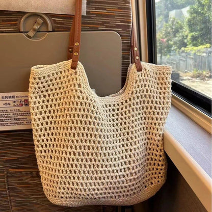 ZllKl  Casual Large Capacity Shoulder Cotton Thread Woven Bag New Hollow Mesh Tote Bag Seaside Vacation Beach Bag Women's Bag