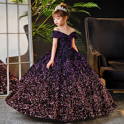 ZllKl  Children's Dress Princess Dress  Spring Girls Catwalk Flower Girl Tulle Tutu Host Costume for Piano Performance Dress