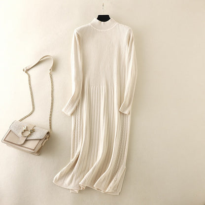 ZllKl Knee long dress New autumn and winter new women's semi-turtleneck striped knitted bottoming dress slim-fitting and versatile