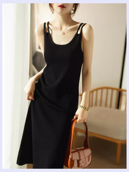 Knitted Sling Pink Dress Women's Summer New Outdoor Hot Girl Chic Waist Slim Fit Inner Wear Temperament Long Dress