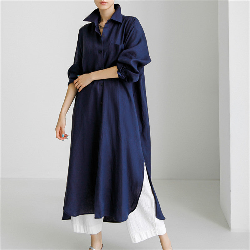 ZllKl  Spring and Autumn Loose Oversized Shirt Dress Overknee Long Split Outer Wear Cotton Linen Shirt Solid Color Dress