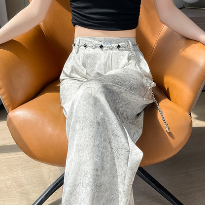 ZllKl  Jacquard Satin Wide-Leg Pants Women's Summer Thin New Chinese Style National Style High Waist Drooping Ice Silk Leisure Straight Suit Pants