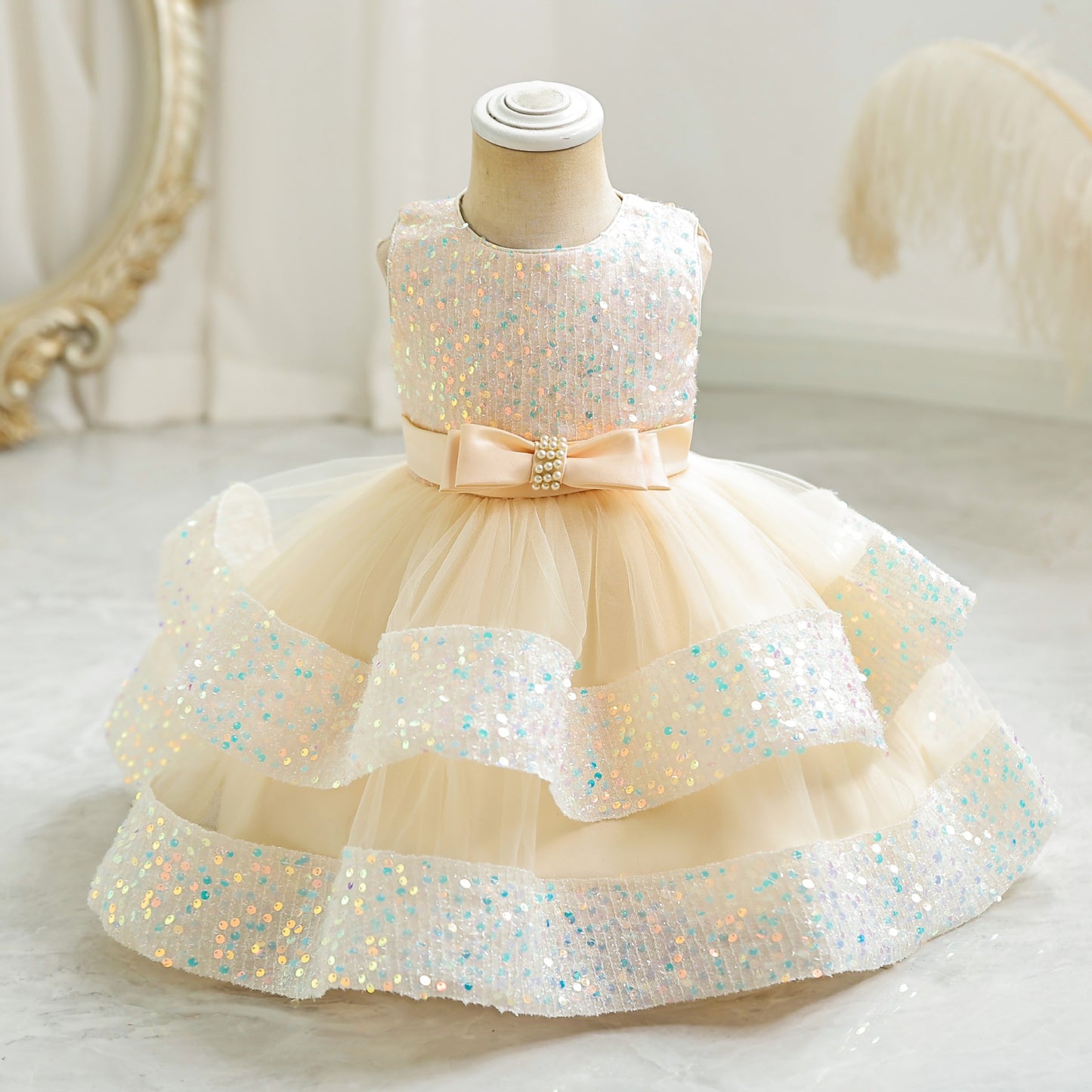 ZllKl  Cross-Border New Arrival Red Children's Dress Sequined Princess Dress Baby Girl Birthday Banquet Skirt Girl Performance Wear