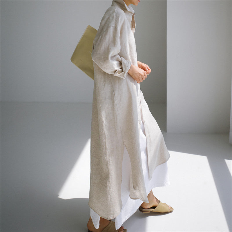 ZllKl  Spring and Autumn Loose Oversized Shirt Dress Overknee Long Split Outer Wear Cotton Linen Shirt Solid Color Dress