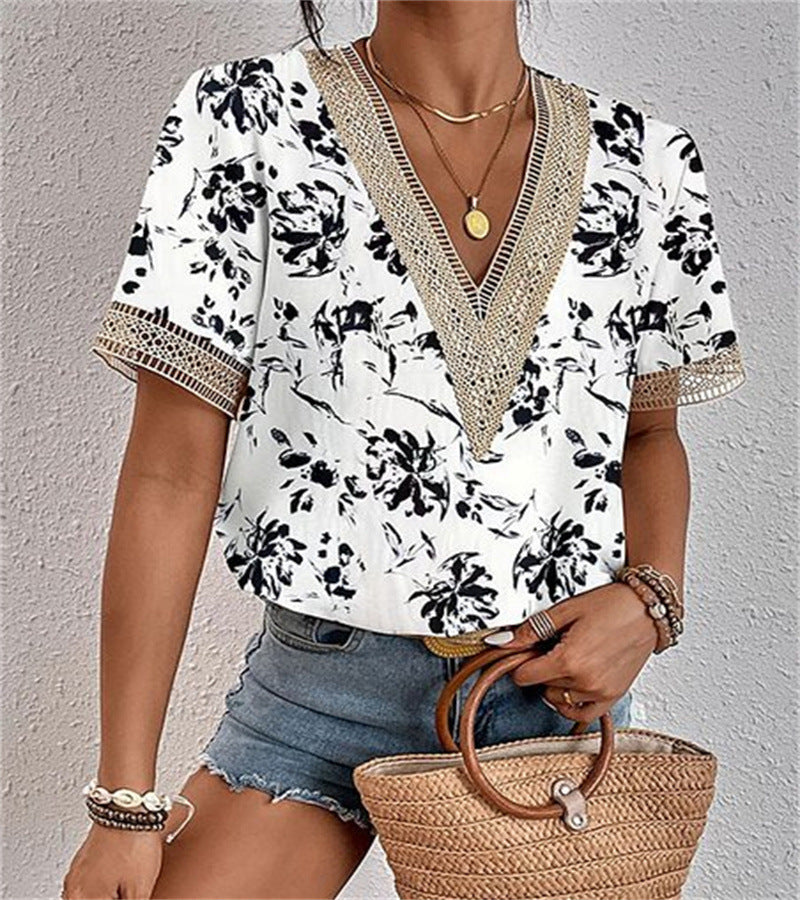 ZllKl  Cross-Border EBay  Women's Clothing V-neck Lace Loose Top Temperament Commute Short Sleeve Digital Printed T-shirt