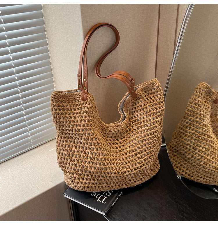 ZllKl  Large Capacity Bag for Women  New All-Match Shoulder Seaside Vacation Beach Bag Woven Straw Commuter Tote