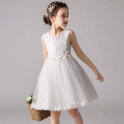 ZllKl  Children's Dress Summer Hot Sale Flower Girl Puffy Gauze Princess Dress Girl Baby Host Costume for Piano Performance Skirt