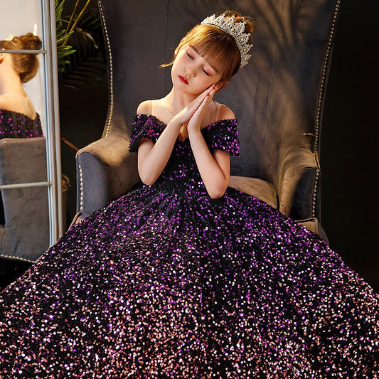 ZllKl  Children's Dress Princess Dress  Spring Girls Catwalk Flower Girl Tulle Tutu Host Costume for Piano Performance Dress