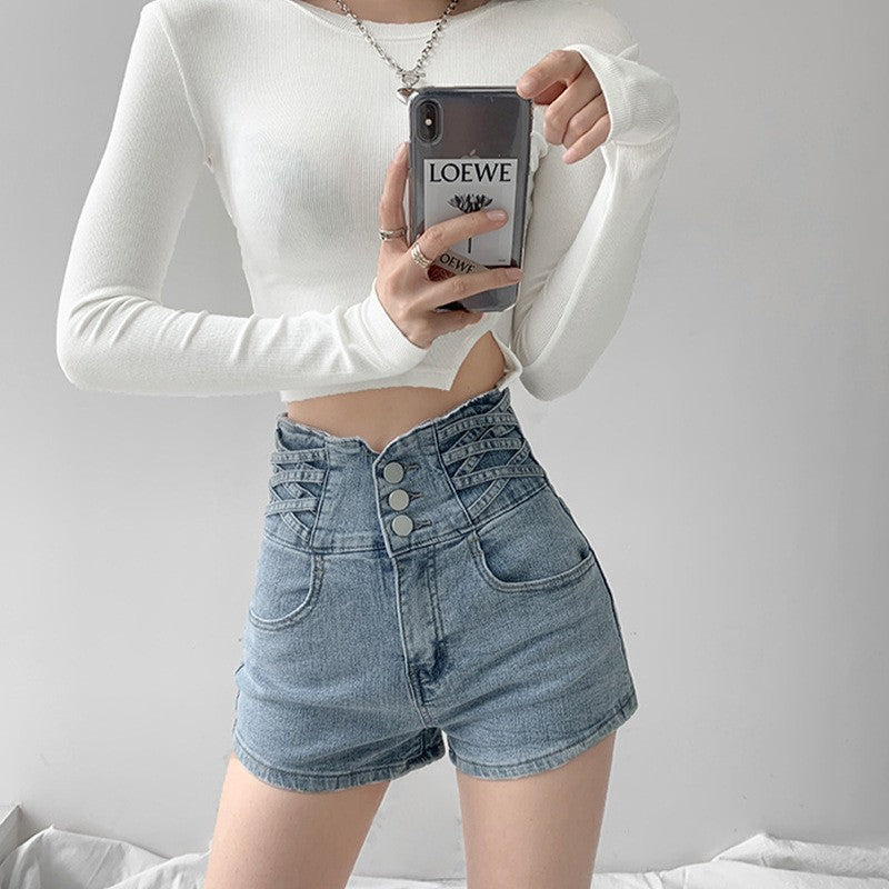 Small High Waist Denim Shorts Women's Summer New New Light Color A- line Slimming Sweet Hot Pants