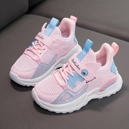 ZllKl  Girls' Autumn New Colorblock Sneakers Velcro Toddler and Children Elementary School Running Shoes Pumps Mesh Breathable