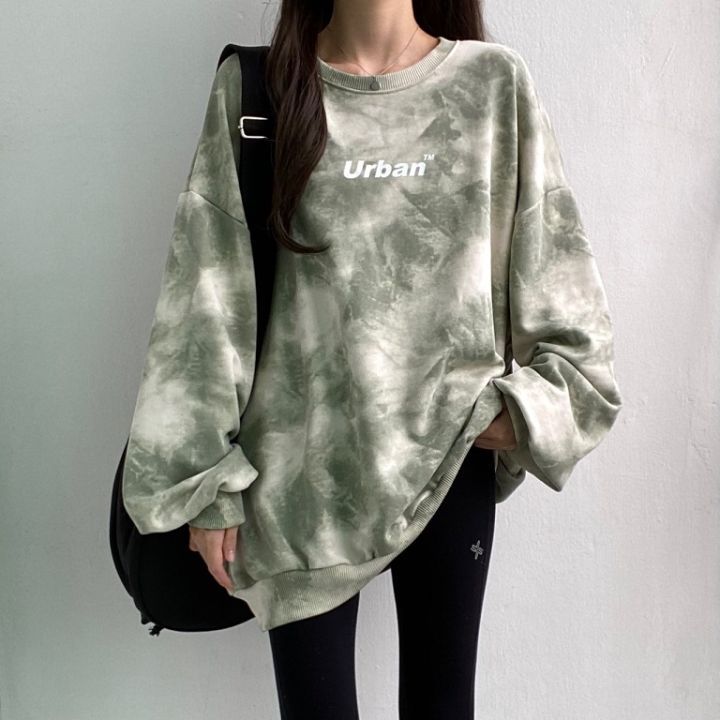 ZLLKL 2025 Wholesale cotton tie-dye sweater women's loose Korean version top loose versatile velvet letter spring and autumn coat medium and long