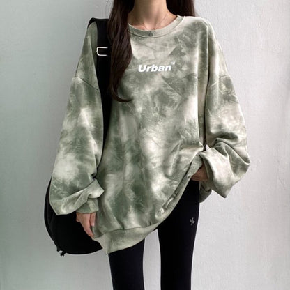 ZLLKL 2025 Wholesale cotton tie-dye sweater women's loose Korean version top loose versatile velvet letter spring and autumn coat medium and long