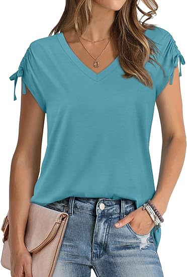 ZllKl  Cross Border Foreign Trade Women's Short-Sleeved Shirt Drawstring Summer Fashion  V Collar T-shirt