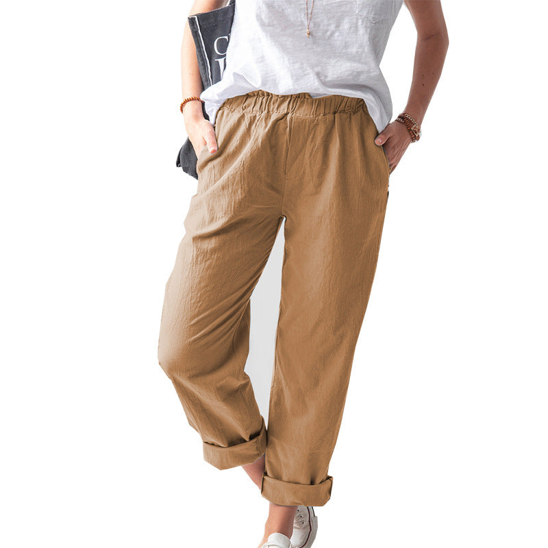 ZllKl  New European and American Women's Clothing Cotton and Linen Trousers Wish  Solid Color Casual Elastic High Waist Straight-Leg Pants Women