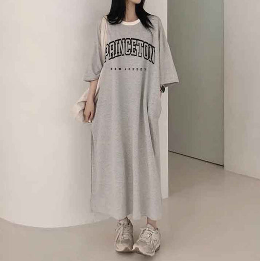 ZllKl 2025Manufacturer pure cotton medium and long casual long skirt large size Japanese and Korean version striped short-sleeved t-shirt dress women's summer