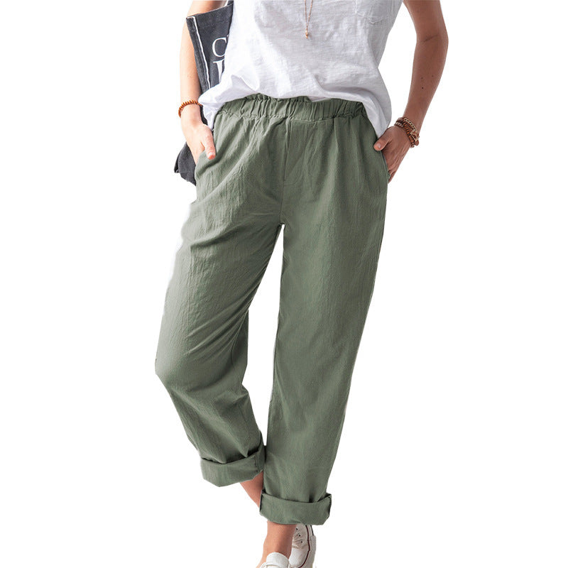 ZllKl  New European and American Women's Clothing Cotton and Linen Trousers Wish  Solid Color Casual Elastic High Waist Straight-Leg Pants Women