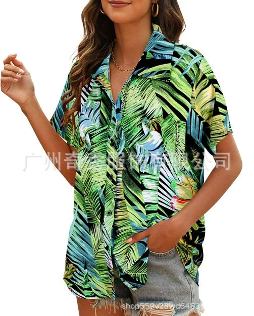 zllkl  Cross-Border  Women's Summer Hawaiian Shirt Tropical Floral Print Blouse Button V-neck Short Sleeve T-shirt Top