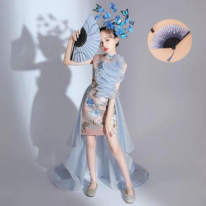 ZllKl  National Fashion Girls Catwalk Dress Exaggerated Chinese Style Children's Model T Stage Fashion Costume Domineering Trendy Clothes Trailing