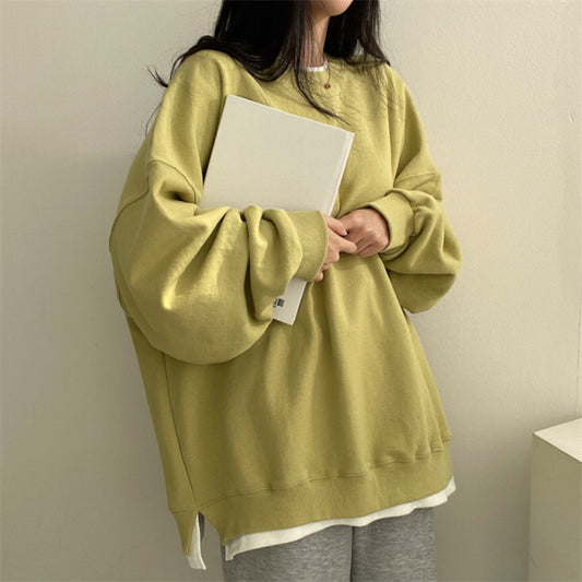 ZLLKL 2025 Cotton, fake two-piece sweater, women's loose Korean version, loose and versatile clothes, large size, spring and autumn solid color coat ins trendy brand