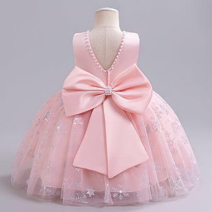 ZllKl  Ice and Snow Mesh Princess Dress Neckline Pearl Birthday Dress Little Flower Girl Bow Girl Pettiskirt Dress