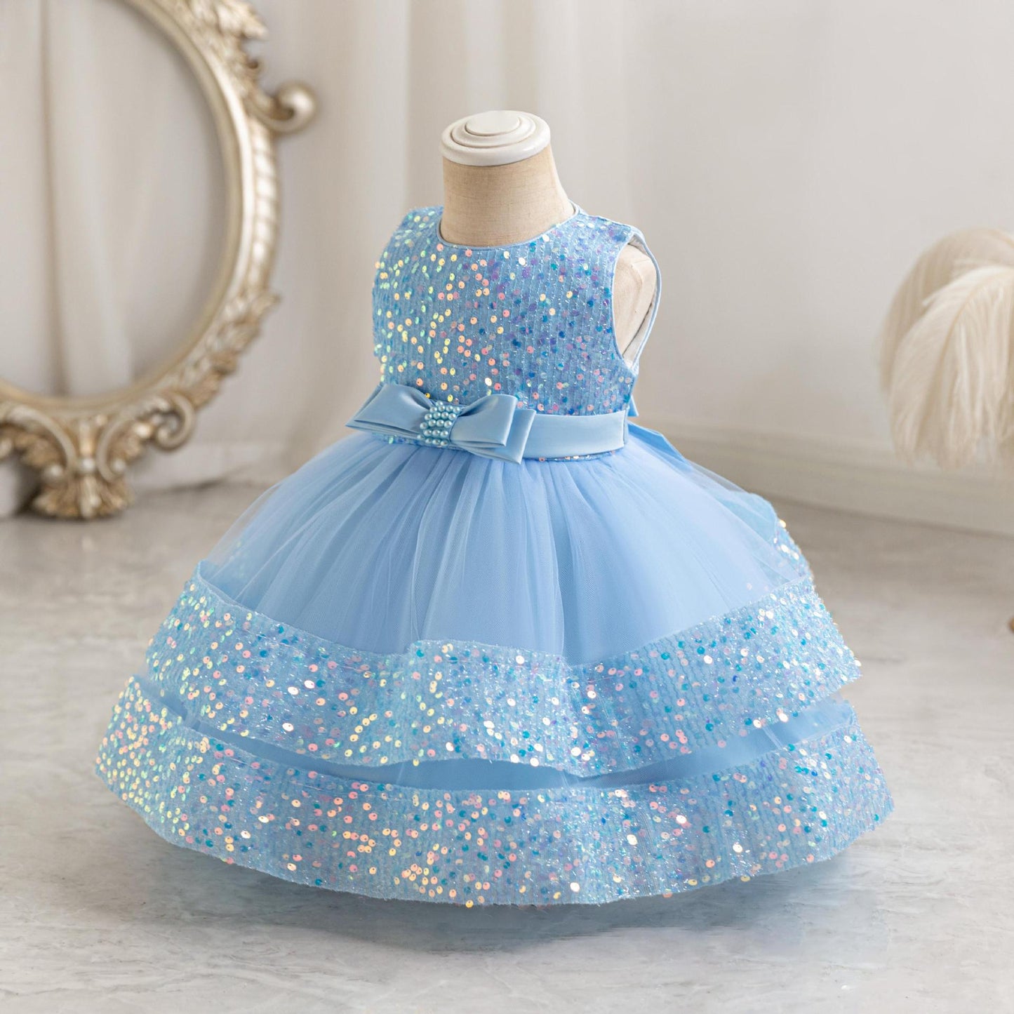 ZllKl  Cross-Border New Arrival Red Children's Dress Sequined Princess Dress Baby Girl Birthday Banquet Skirt Girl Performance Wear