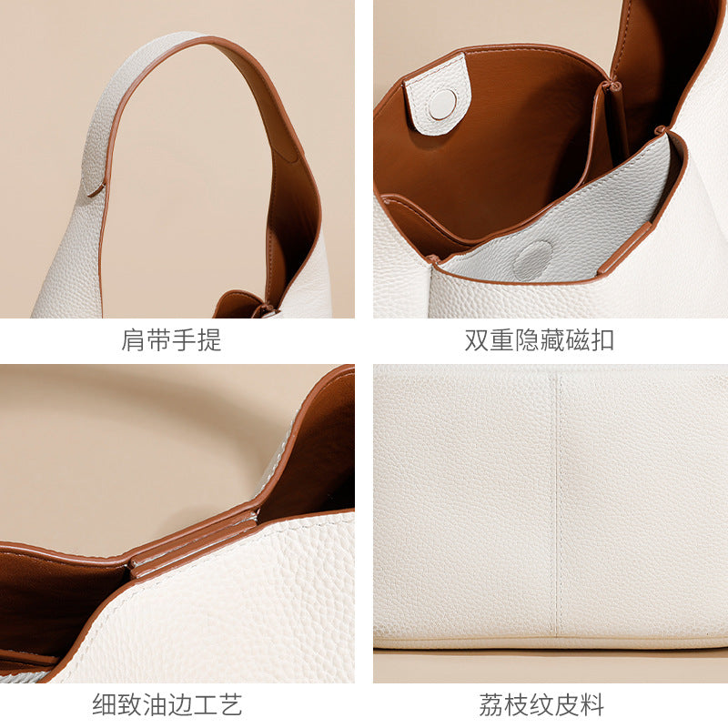 ZllKl  Genuine Leather Women's Bag First Layer Cowhide Soft Leather Bucket Bag Vegetable Basket Bag High Sense Shoulder Bag Guangzhou Bag Underarm Bag