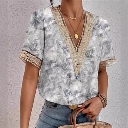 ZllKl  Cross-Border EBay  Women's Clothing V-neck Lace Loose Top Temperament Commute Short Sleeve Digital Printed T-shirt