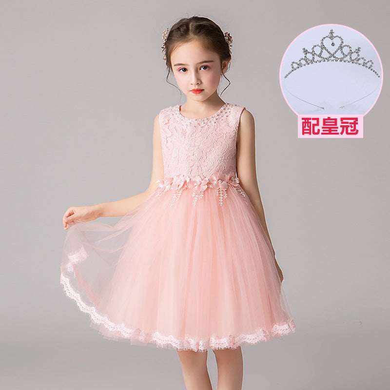 ZllKl  Children's Dress Summer Hot Sale Flower Girl Puffy Gauze Princess Dress Girl Baby Host Costume for Piano Performance Skirt