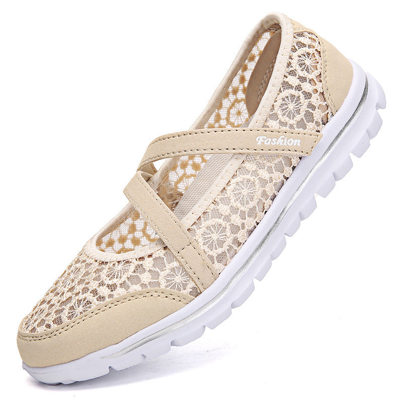 ZllKl Cross-Border plus Size Old Beijing Cloth Shoes Women's Shoes Summer Lace Breathable Casual Flat Bottom Slip-on Middle-Aged and Elderly Mom Shoes