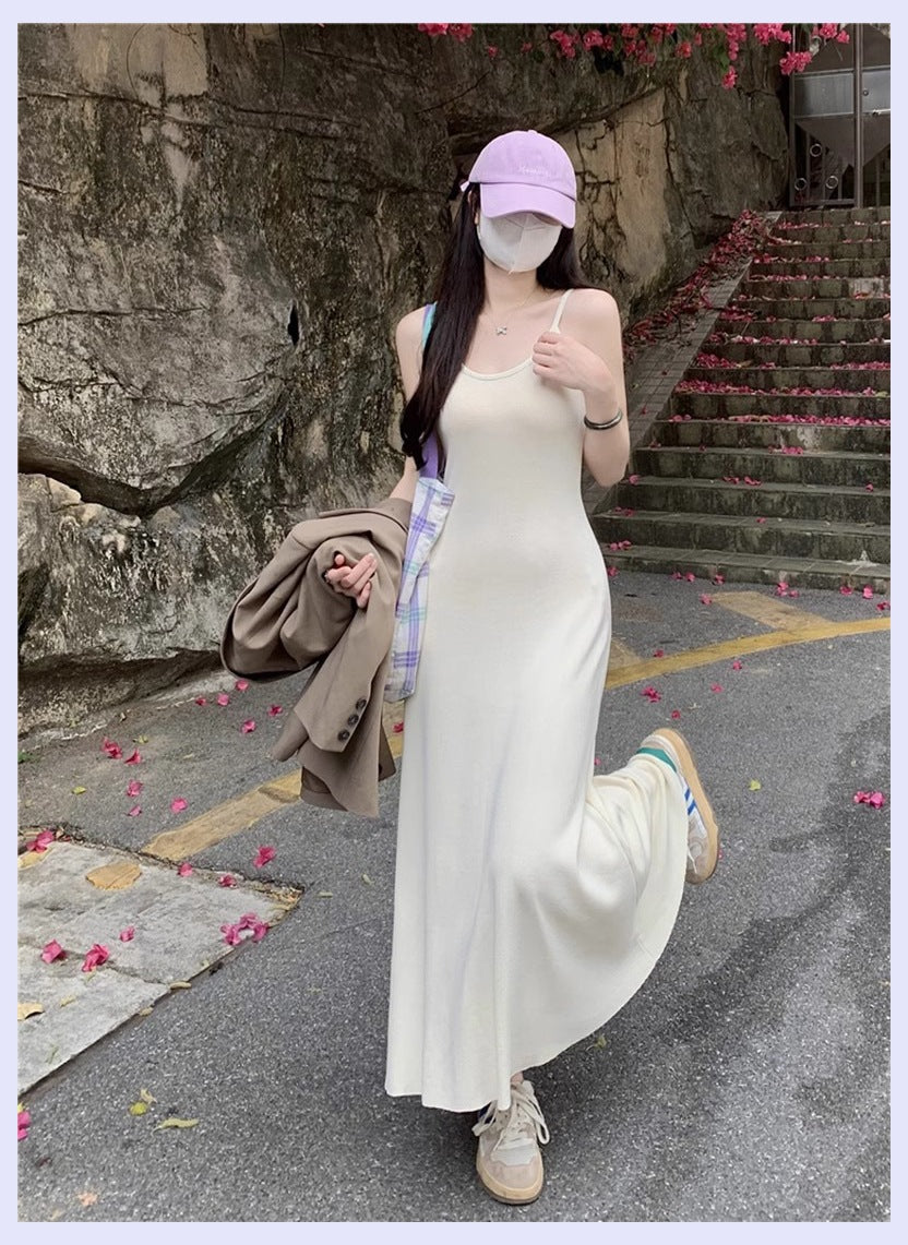 Knitted Sling Pink Dress Women's Summer New Outdoor Hot Girl Chic Waist Slim Fit Inner Wear Temperament Long Dress