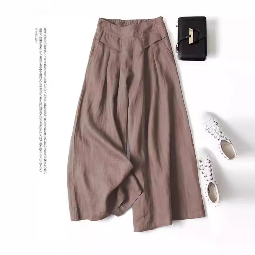 ZllKl  [In Stock Wholesale] Cotton and Linen Wide-Leg Pants Skort Women's Draping Loose Half Elastic High Waist Slimming Cropped Pants