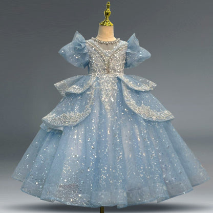 ZllKl  Blue Children's Dress Girls  Summer New Heavy Industry Birthday Princess Dress Flower Girl Wedding Catwalk Performance Costumes