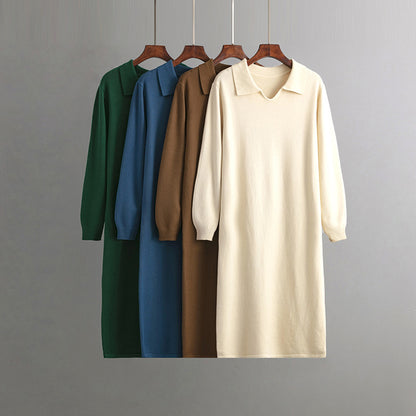 ZllKl Large size women's clothing New new V-neck loose solid color lazy wind knee sweater skirt women's autumn and winter dress