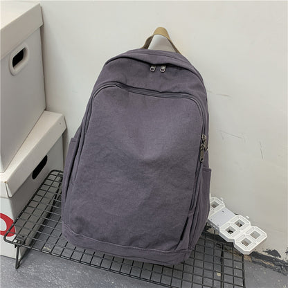 Cross-Border Korean Style Simple Couple Backpack Large Capacity Leisure Outdoor Travel Solid Color Backpack Canvas Student Schoolbag