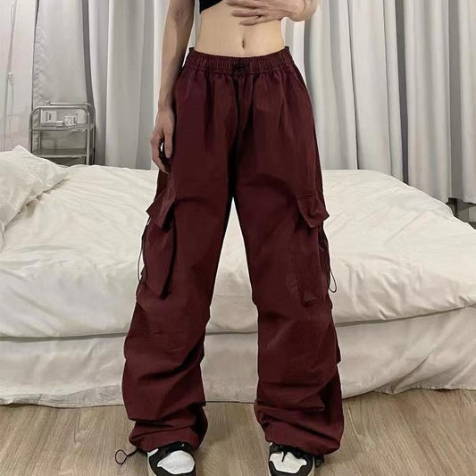 ZllKl  Nylon Quick-Drying Overalls Women's Summer New American Parachute Pants High Waist Wide Leg Leisure Drawstring Sports Pants