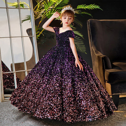 ZllKl  Children's Dress Princess Dress  Spring Girls Catwalk Flower Girl Tulle Tutu Host Costume for Piano Performance Dress