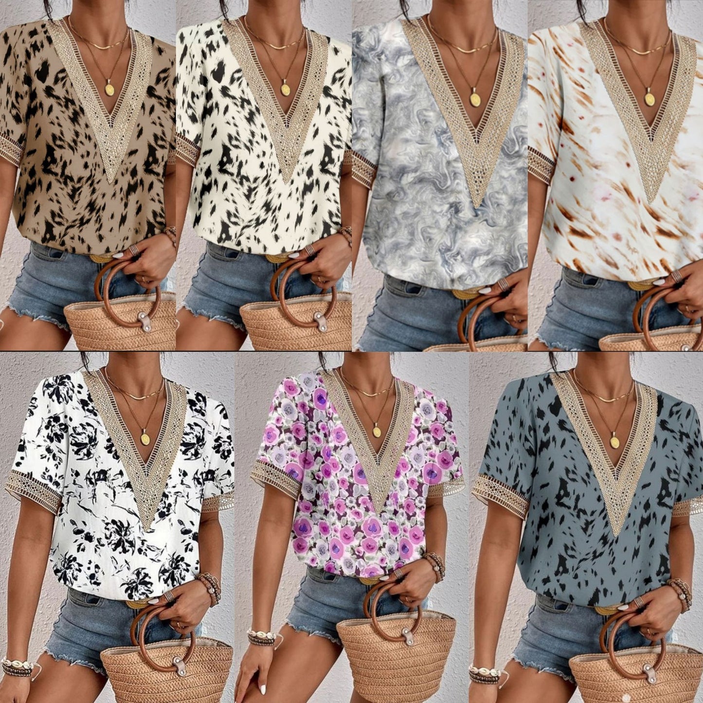 ZllKl  Cross-Border EBay  Women's Clothing V-neck Lace Loose Top Temperament Commute Short Sleeve Digital Printed T-shirt