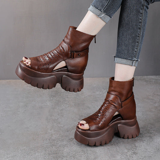 ZllKl  First Layer Cowhide Platform Increased Sandal Boots Leather High Heel Peep Toe Hollow Booties Summer Roman Women's Sandals